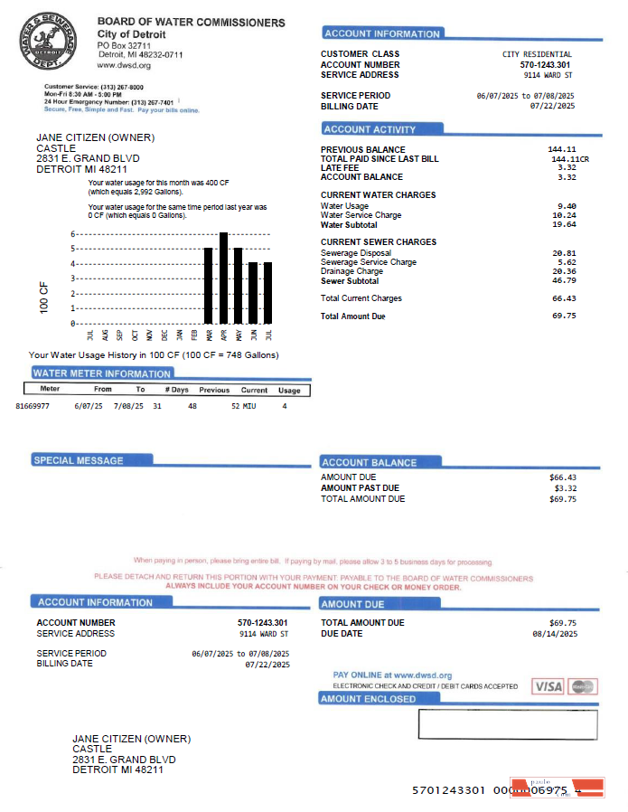 USA Board of Water Commissioners utility bill template in Word and PDF formats